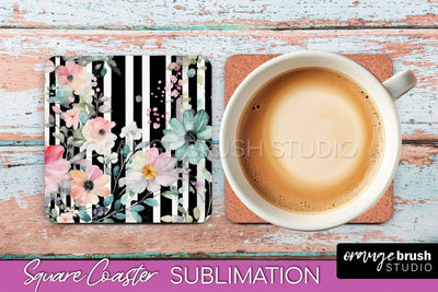 Watercolor Flowers Square Coaster - Floral Pink Sublimation Sublimation OrangeBrushStudio 
