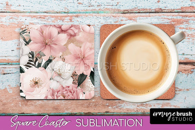 Watercolor Flowers Square Coaster - Floral Pink Sublimation Sublimation OrangeBrushStudio 