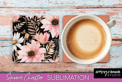 Watercolor Flowers Square Coaster - Floral Pink Sublimation Sublimation OrangeBrushStudio 