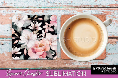 Watercolor Flowers Square Coaster - Floral Pink Sublimation Sublimation OrangeBrushStudio 