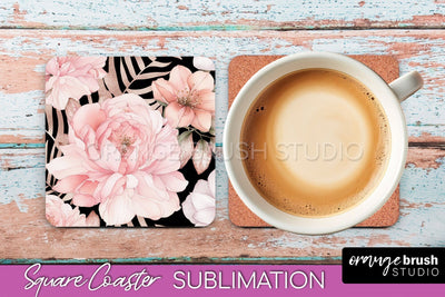 Watercolor Flowers Square Coaster - Floral Pink Sublimation Sublimation OrangeBrushStudio 
