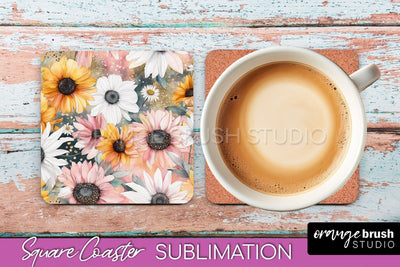 Watercolor Flowers Square Coaster - Floral Pink Sublimation Sublimation OrangeBrushStudio 
