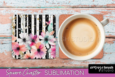 Watercolor Flowers Square Coaster - Floral Pink Sublimation Sublimation OrangeBrushStudio 