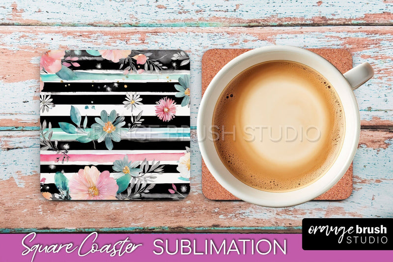 Watercolor Flowers Square Coaster - Floral Pink Sublimation Sublimation OrangeBrushStudio 