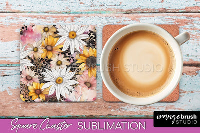 Watercolor Flowers Square Coaster - Floral Pink Sublimation Sublimation OrangeBrushStudio 