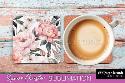 Watercolor Flowers Square Coaster - Floral Pink Sublimation Sublimation OrangeBrushStudio 