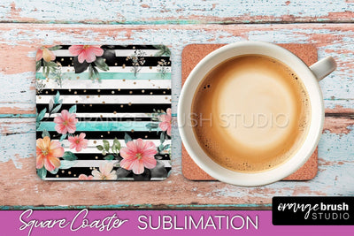 Watercolor Flowers Square Coaster - Floral Pink Sublimation Sublimation OrangeBrushStudio 