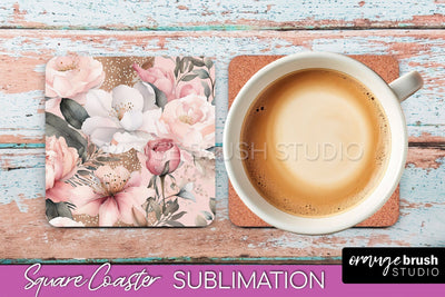 Watercolor Flowers Square Coaster - Floral Pink Sublimation Sublimation OrangeBrushStudio 