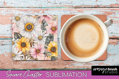 Watercolor Flowers Square Coaster - Floral Pink Sublimation Sublimation OrangeBrushStudio 