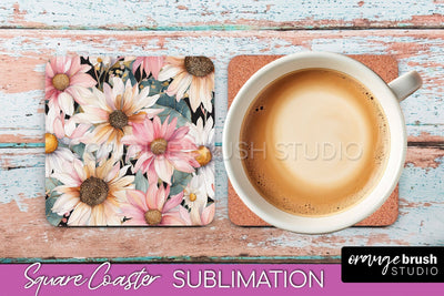 Watercolor Flowers Square Coaster - Floral Pink Sublimation Sublimation OrangeBrushStudio 