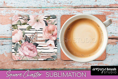 Watercolor Flowers Square Coaster - Floral Pink Sublimation Sublimation OrangeBrushStudio 