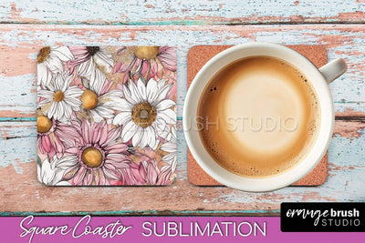 Watercolor Flowers Square Coaster - Floral Pink Sublimation Sublimation OrangeBrushStudio 