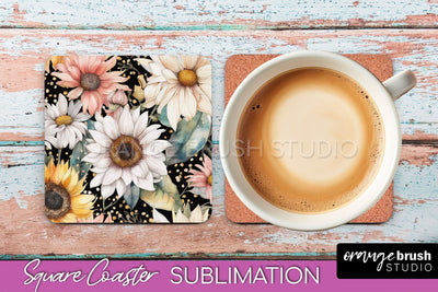 Watercolor Flowers Square Coaster - Floral Pink Sublimation Sublimation OrangeBrushStudio 