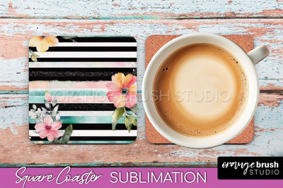 Watercolor Flowers Square Coaster - Floral Pink Sublimation Sublimation OrangeBrushStudio 