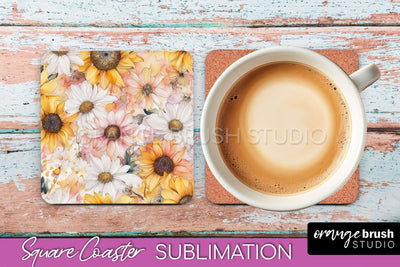 Watercolor Flowers Square Coaster - Floral Pink Sublimation Sublimation OrangeBrushStudio 