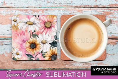 Watercolor Flowers Square Coaster - Floral Pink Sublimation Sublimation OrangeBrushStudio 
