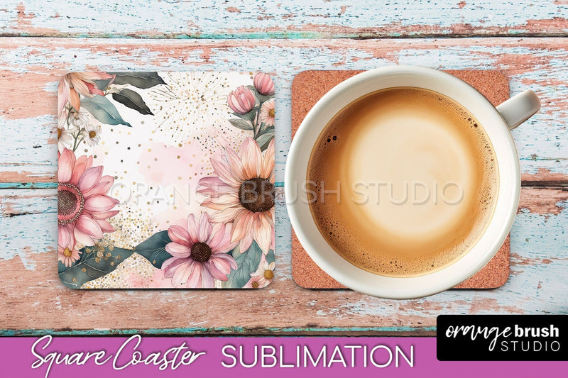 Watercolor Flowers Square Coaster - Floral Pink Sublimation Sublimation OrangeBrushStudio 
