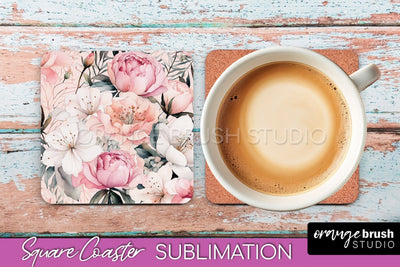 Watercolor Flowers Square Coaster - Floral Pink Sublimation Sublimation OrangeBrushStudio 