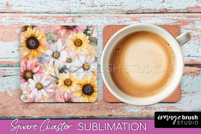 Watercolor Flowers Square Coaster - Floral Pink Sublimation Sublimation OrangeBrushStudio 
