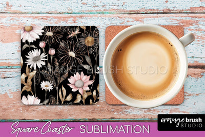 Watercolor Flowers Square Coaster - Floral Pink Sublimation Sublimation OrangeBrushStudio 