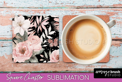 Watercolor Flowers Square Coaster - Floral Pink Sublimation Sublimation OrangeBrushStudio 