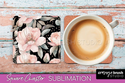 Watercolor Flowers Square Coaster - Floral Pink Sublimation Sublimation OrangeBrushStudio 