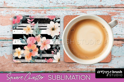 Watercolor Flowers Square Coaster - Floral Pink Sublimation Sublimation OrangeBrushStudio 