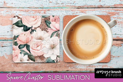 Watercolor Flowers Square Coaster - Floral Pink Sublimation Sublimation OrangeBrushStudio 