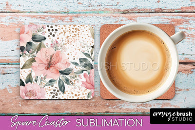 Watercolor Flowers Square Coaster - Floral Pink Sublimation Sublimation OrangeBrushStudio 
