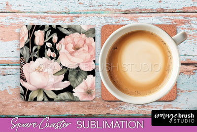Watercolor Flowers Square Coaster - Floral Pink Sublimation Sublimation OrangeBrushStudio 
