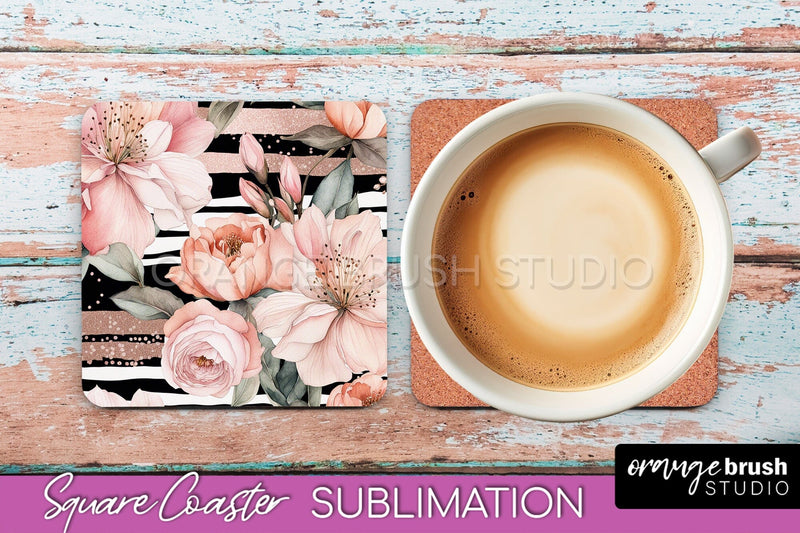 Watercolor Flowers Square Coaster - Floral Pink Sublimation Sublimation OrangeBrushStudio 