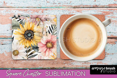 Watercolor Flowers Square Coaster - Floral Pink Sublimation Sublimation OrangeBrushStudio 