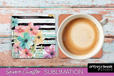 Watercolor Flowers Square Coaster - Floral Pink Sublimation Sublimation OrangeBrushStudio 