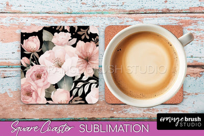 Watercolor Flowers Square Coaster - Floral Pink Sublimation Sublimation OrangeBrushStudio 