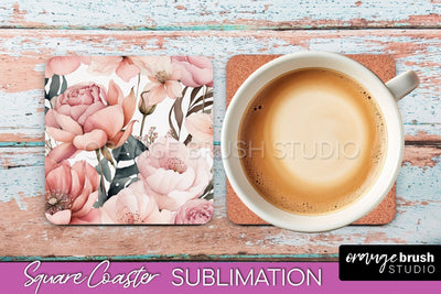Watercolor Flowers Square Coaster - Floral Pink Sublimation Sublimation OrangeBrushStudio 