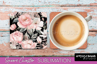 Watercolor Flowers Square Coaster - Floral Pink Sublimation Sublimation OrangeBrushStudio 