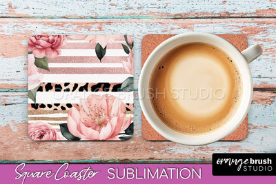 Watercolor Flowers Square Coaster - Floral Pink Sublimation Sublimation OrangeBrushStudio 