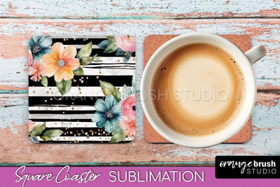 Watercolor Flowers Square Coaster - Floral Pink Sublimation Sublimation OrangeBrushStudio 