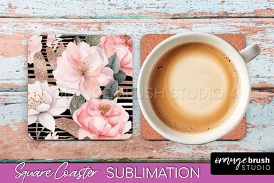 Watercolor Flowers Square Coaster - Floral Pink Sublimation Sublimation OrangeBrushStudio 