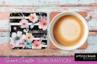 Watercolor Flowers Square Coaster - Floral Pink Sublimation Sublimation OrangeBrushStudio 