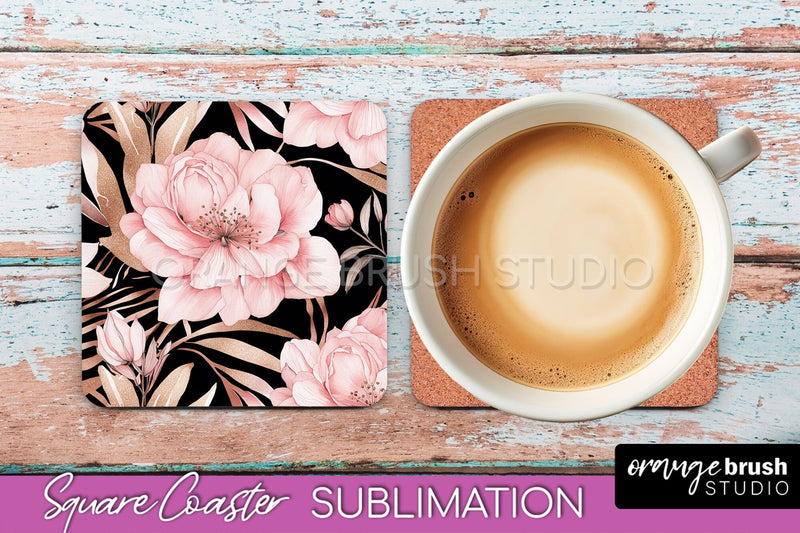 Watercolor Flowers Square Coaster - Floral Pink Sublimation Sublimation OrangeBrushStudio 