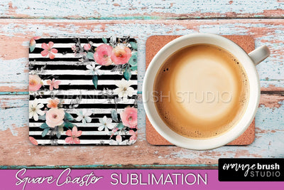 Watercolor Flowers Square Coaster - Floral Pink Sublimation Sublimation OrangeBrushStudio 