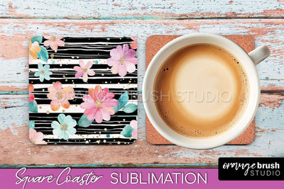 Watercolor Flowers Square Coaster - Floral Pink Sublimation Sublimation OrangeBrushStudio 