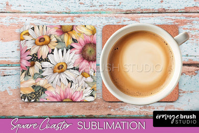 Watercolor Flowers Square Coaster - Floral Pink Sublimation Sublimation OrangeBrushStudio 