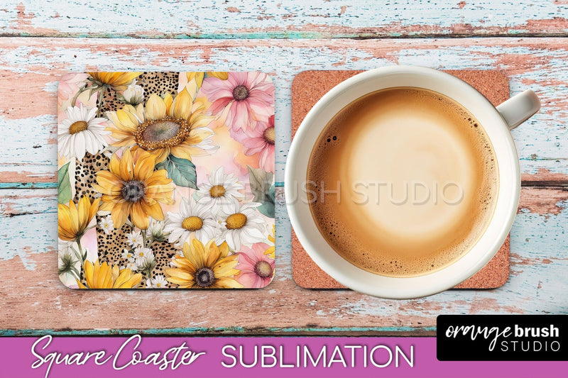 Watercolor Flowers Square Coaster - Floral Pink Sublimation Sublimation OrangeBrushStudio 