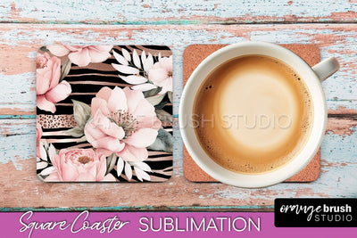 Watercolor Flowers Square Coaster - Floral Pink Sublimation Sublimation OrangeBrushStudio 