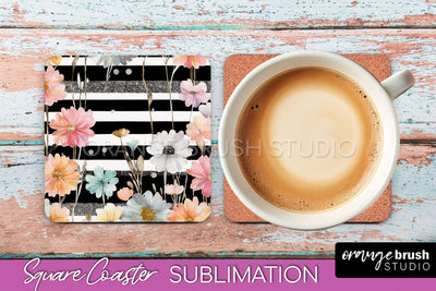 Watercolor Flowers Square Coaster - Floral Pink Sublimation Sublimation OrangeBrushStudio 