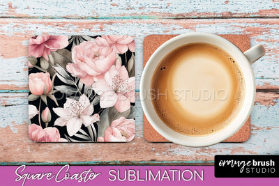 Watercolor Flowers Square Coaster - Floral Pink Sublimation Sublimation OrangeBrushStudio 