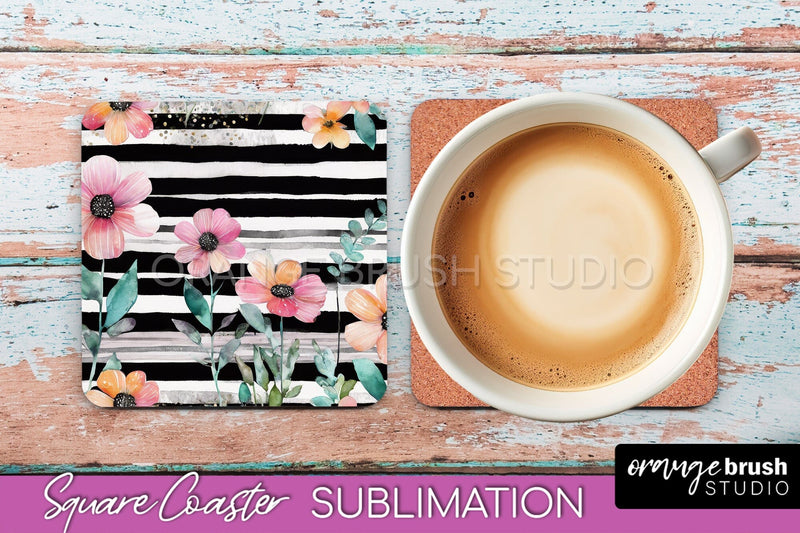 Watercolor Flowers Square Coaster - Floral Pink Sublimation Sublimation OrangeBrushStudio 