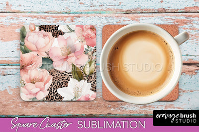 Watercolor Flowers Square Coaster - Floral Pink Sublimation Sublimation OrangeBrushStudio 